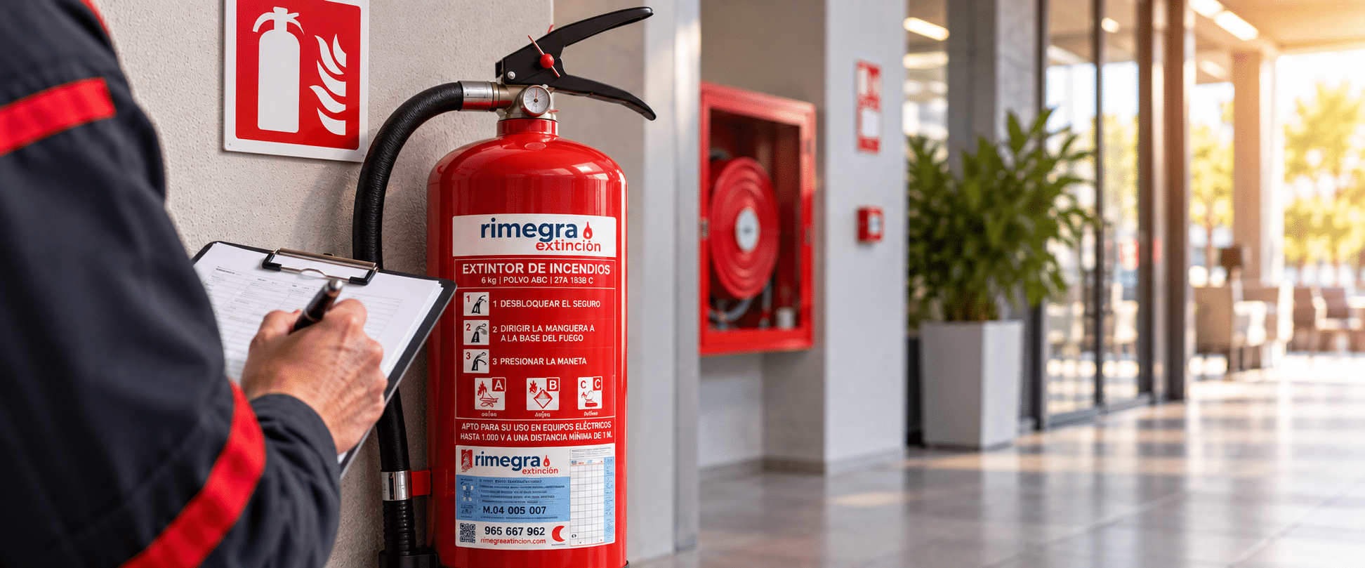 Técnico certificado con uniforme profesional listo para inspeccionar equipos de protección contra incendios